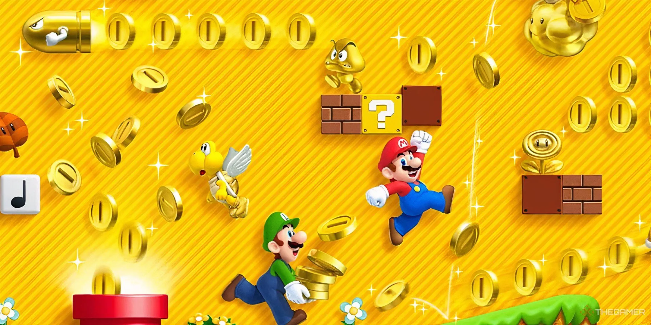 Mario và Luigi thu thập tiền vàng trong New Super Mario Bros 2, tượng trưng cho giá trị sưu tầm của Super Mario 64