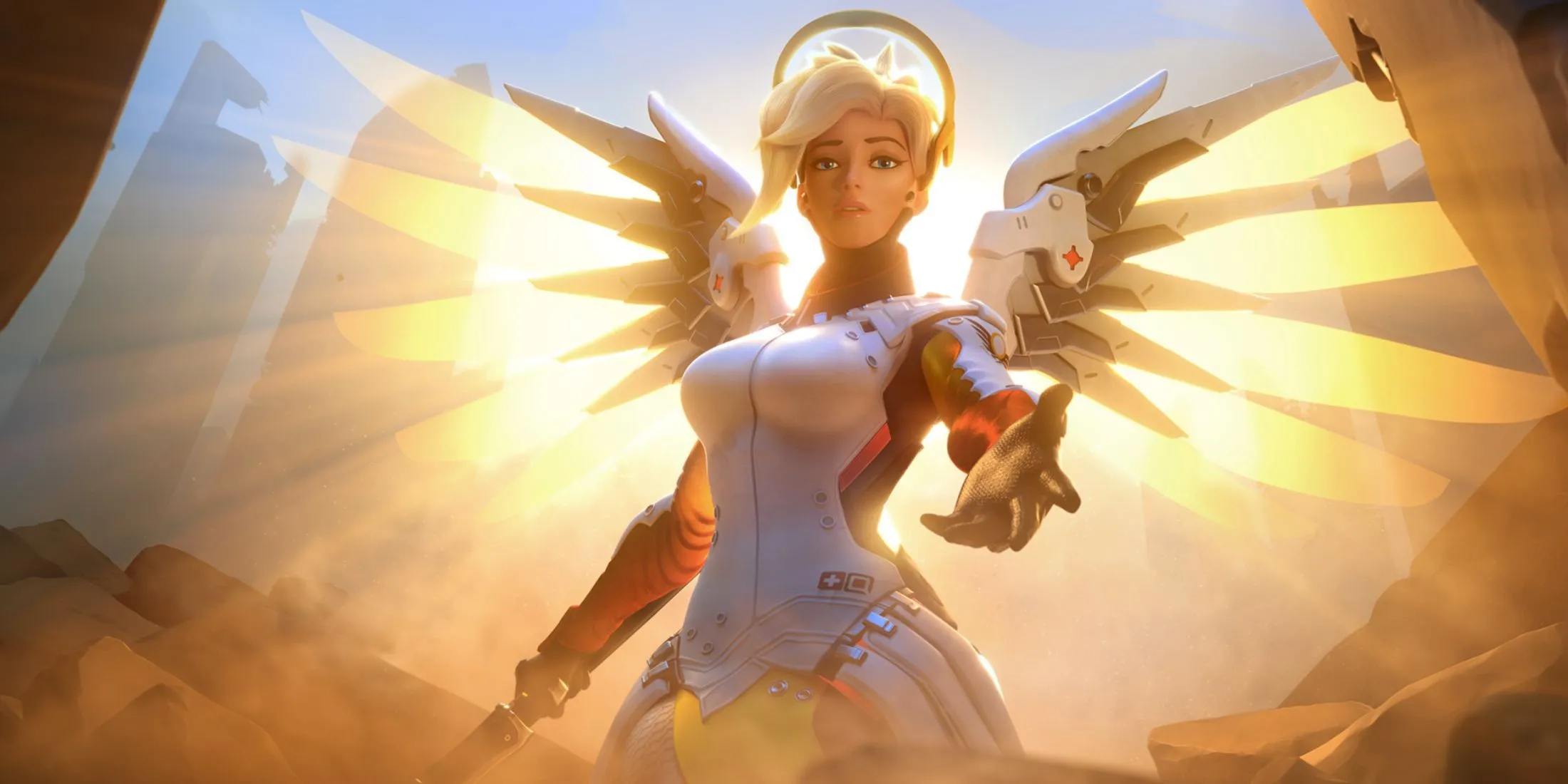 Mercy Overwatch 2 đang bay và hồi máu cho đồng đội, thể hiện lối chơi Support đặc trưng của cô.