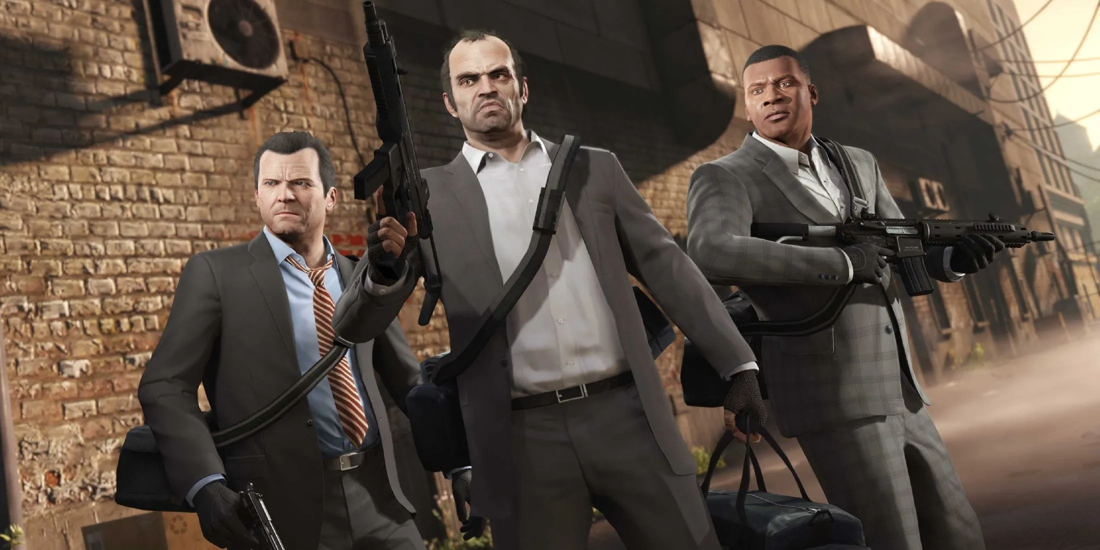 Michael, Trevor và Franklin trong một cảnh game Grand Theft Auto 5