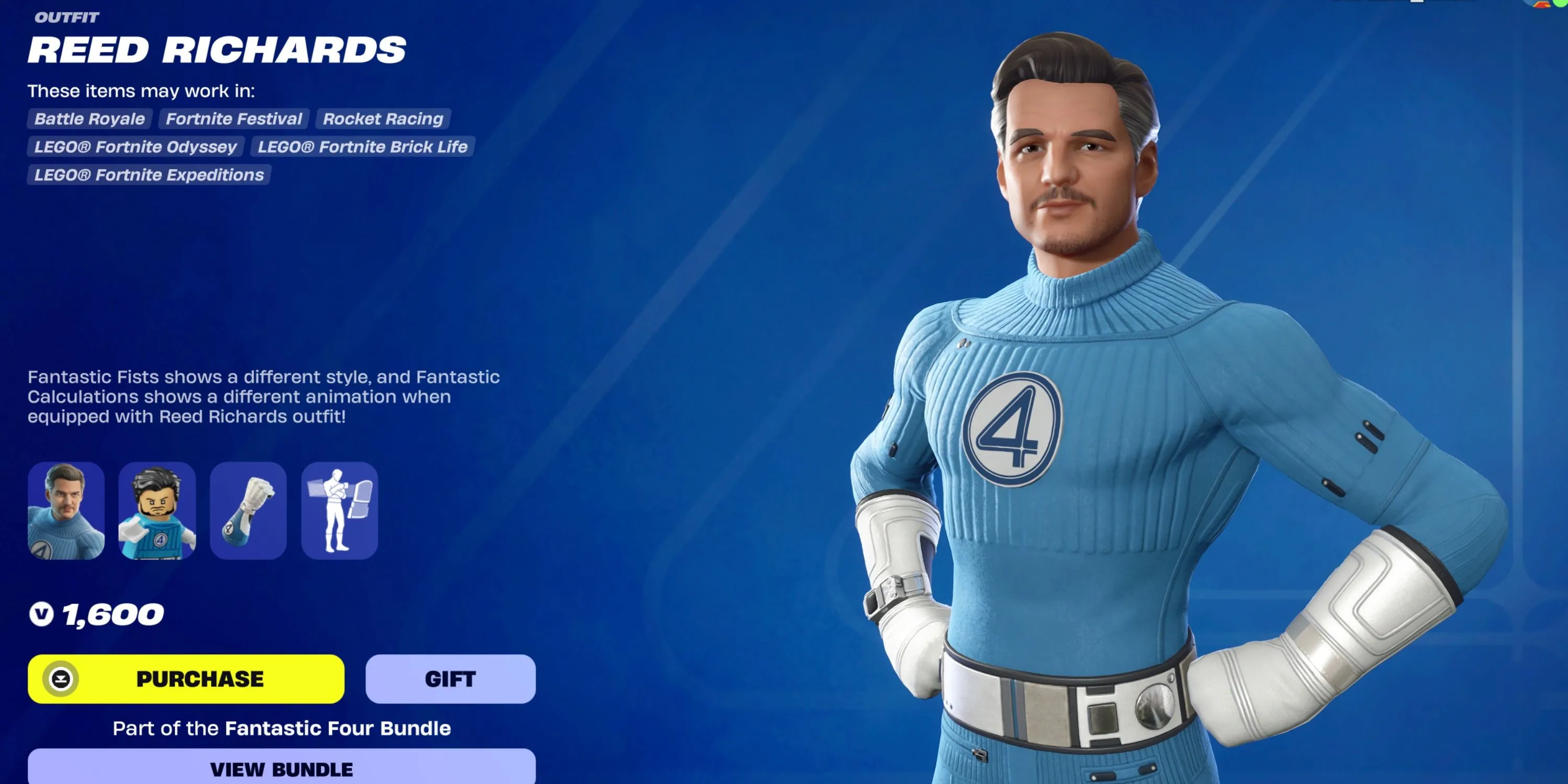 Mister Fantastic Reed Richards trong trang phục Fantastic Four màu xanh trên Fortnite