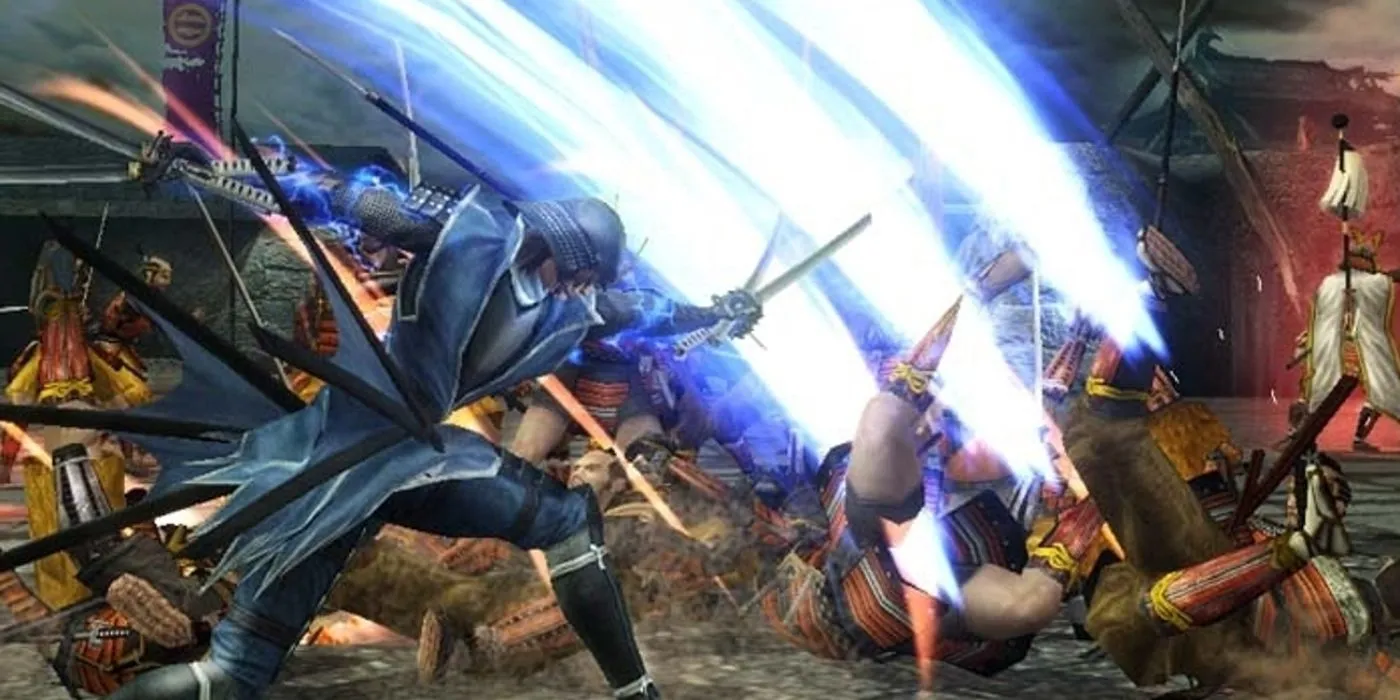 Một cảnh chiến đấu mãn nhãn với nhân vật đang tung đòn chém vào kẻ thù trong Sengoku BASARA 4, thể hiện lối chơi chặt chém đầy kịch tính của series