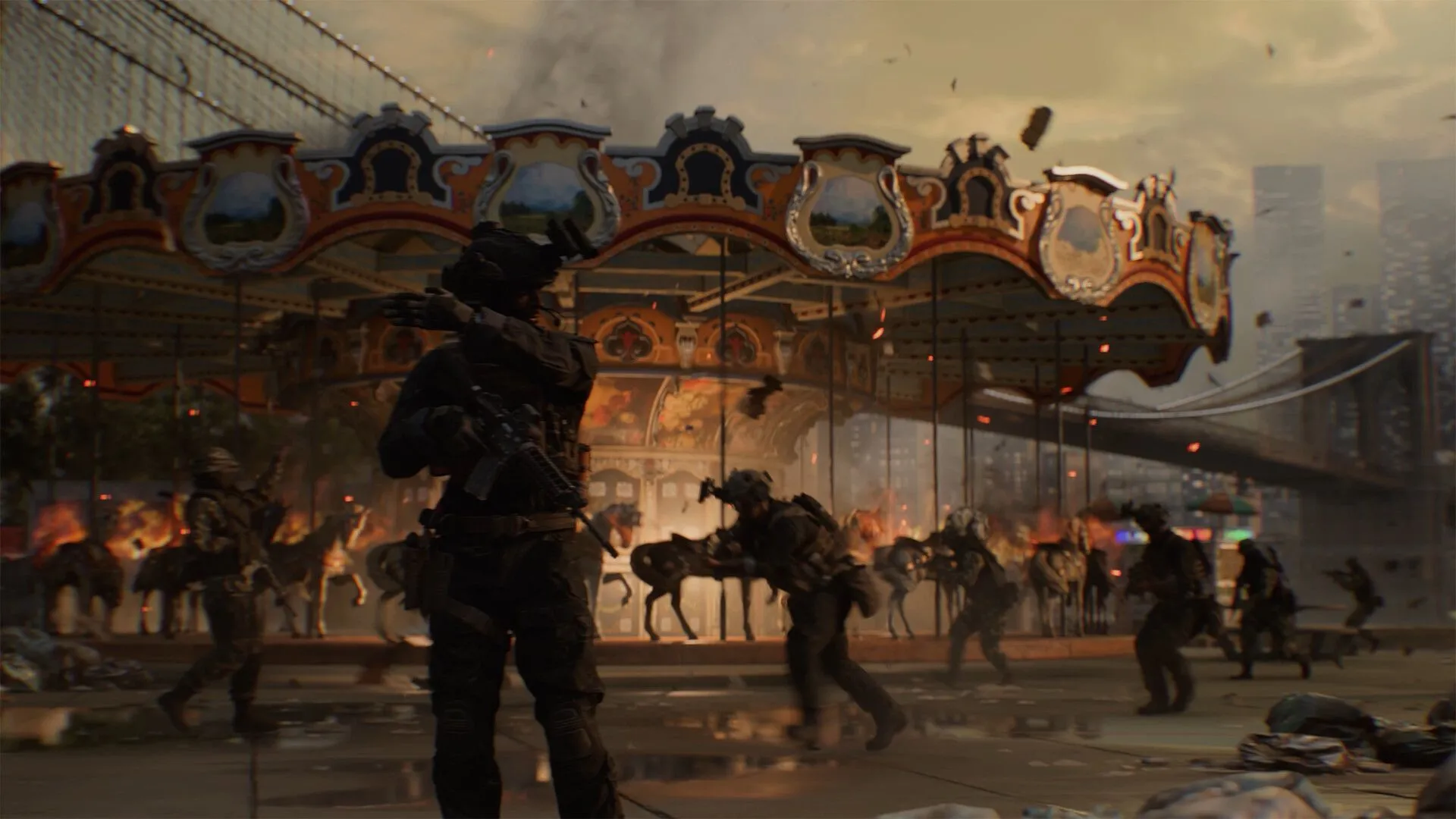 Một chiếc xe quân sự đang di chuyển qua khu vực bị đổ nát trong Battlefield 6