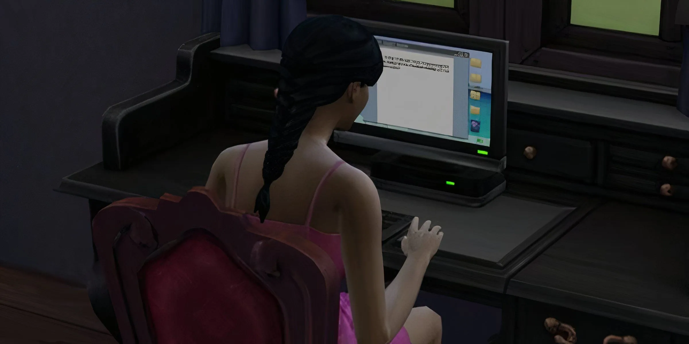 Một nhân vật Sim đang gõ máy tính trong The Sims 4, liên quan đến việc khắc phục lỗi phần mềm
