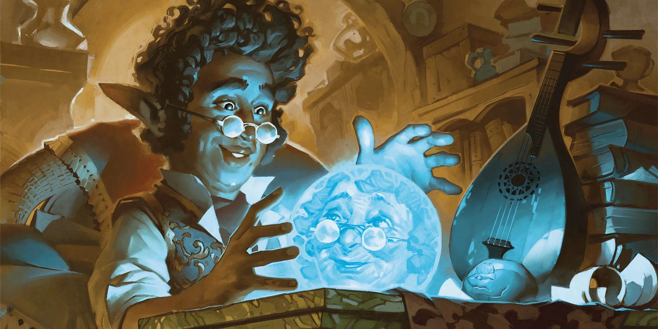 Một pháp sư sử dụng quả cầu tiên tri (scrying ball) để thi triển phép thuật Divination trong D&amp;D.