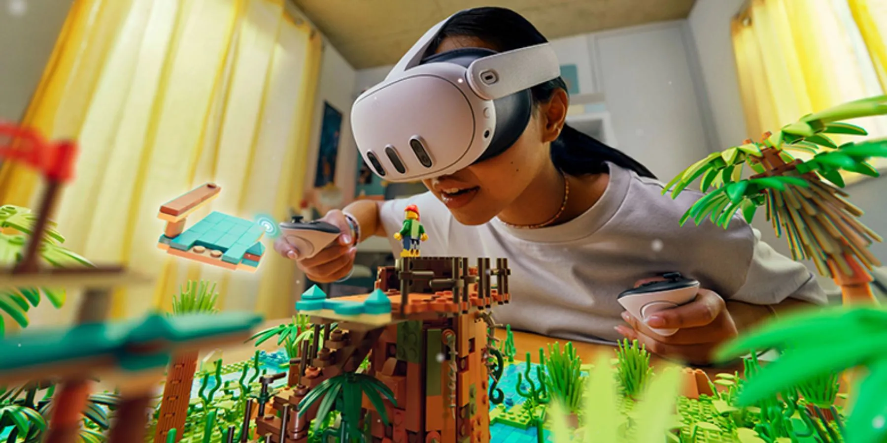 Người chơi sử dụng tai nghe Meta Quest trong trải nghiệm thực tế hỗn hợp, nhìn thấy môi trường thật