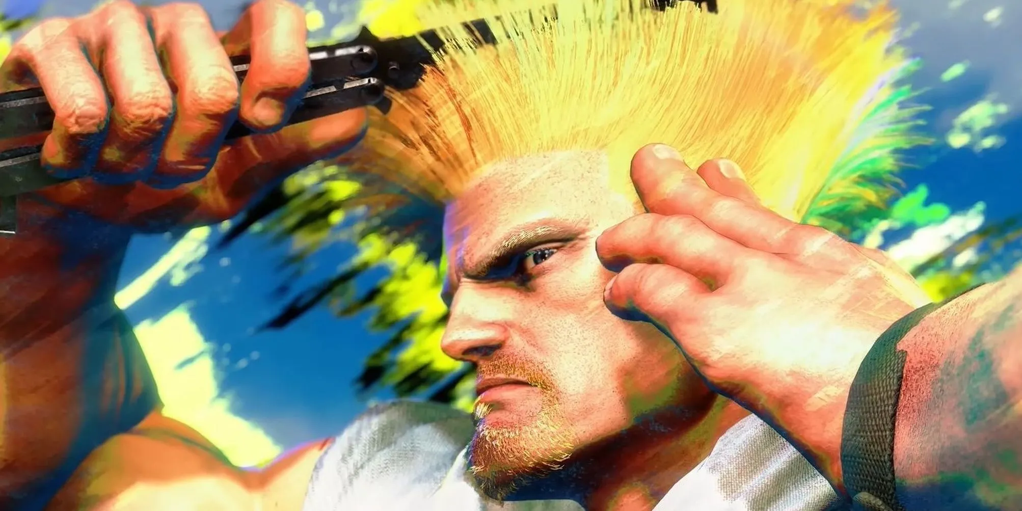 Nhân vật Guile đang chỉnh sửa tóc trong Street Fighter 6, một khoảnh khắc biểu tượng thể hiện tính cách và phong thái của các võ sĩ trong game đối kháng
