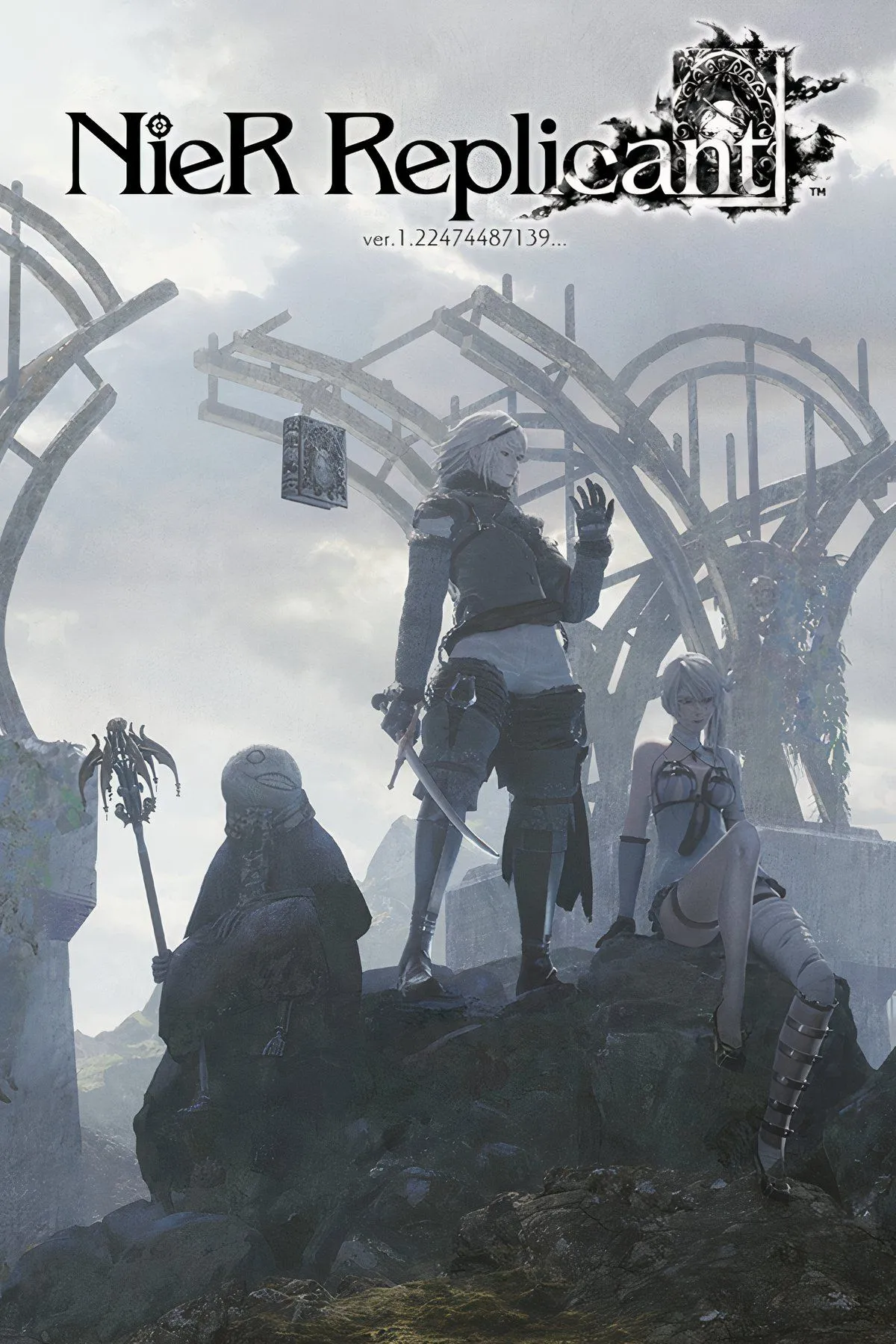 Nier trẻ tuổi và Grimoire Weiss đối mặt với kẻ thù trong NieR Replicant ver.1.22474487139..., minh họa đồ họa được nâng cấp.