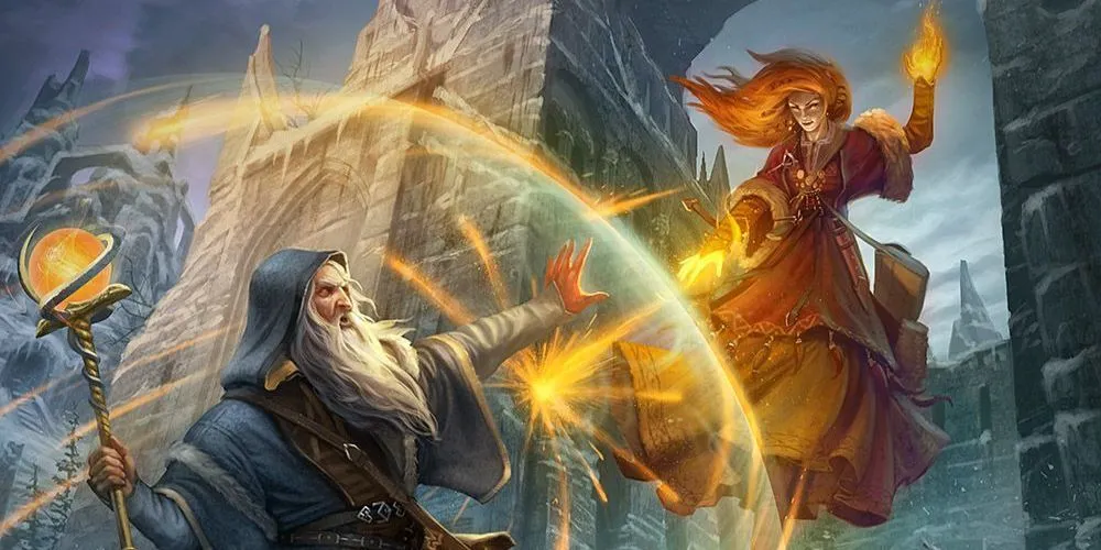 Pháp sư sử dụng phép thuật phòng thủ (Abjuration) để đẩy lùi kẻ thù trong Dungeons &amp; Dragons.