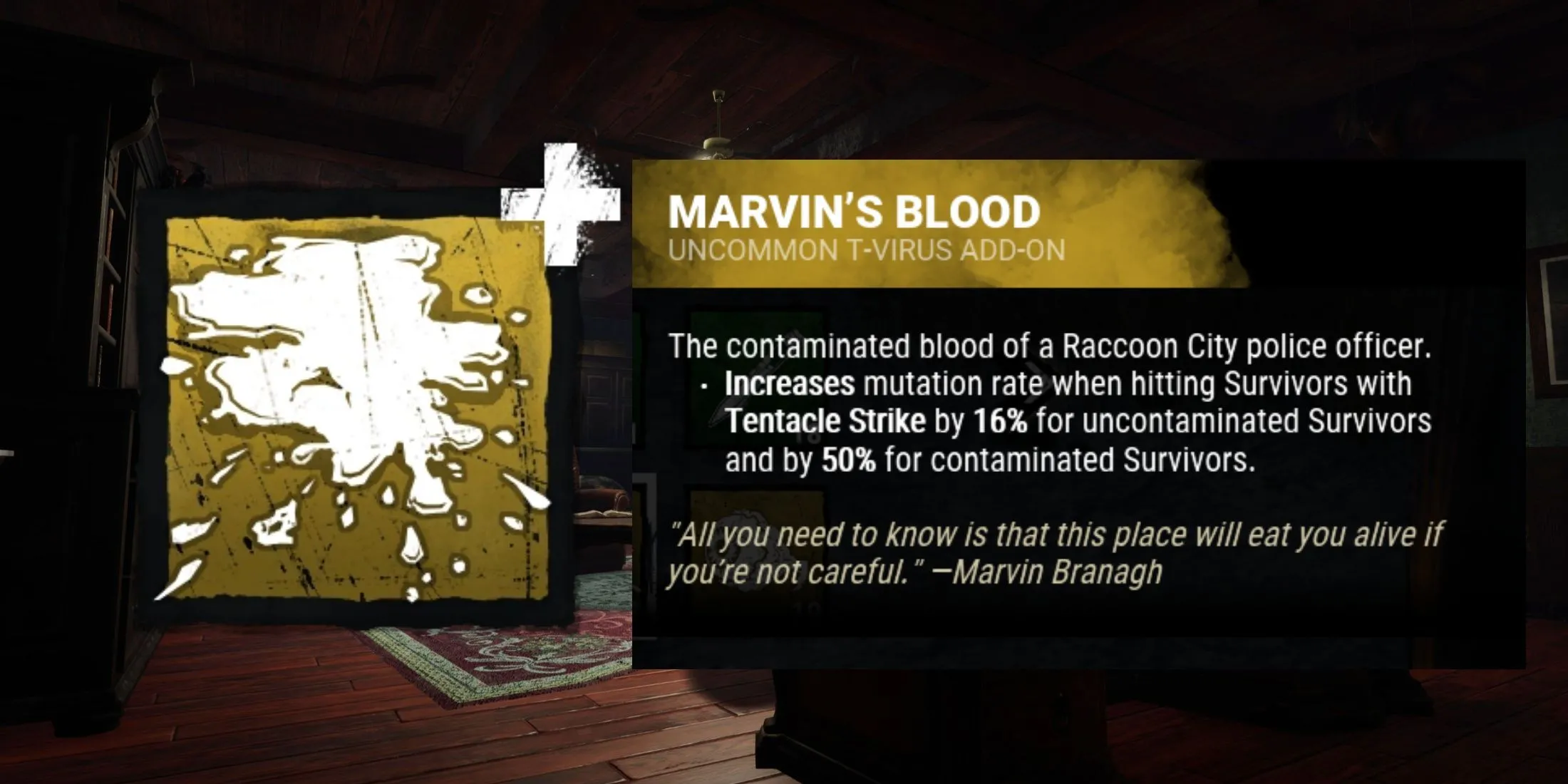 Phụ kiện Marvin’s Blood của Nemesis, giúp tăng cấp độ Nắm Đấm Xúc Tu nhanh hơn trong Dead by Daylight