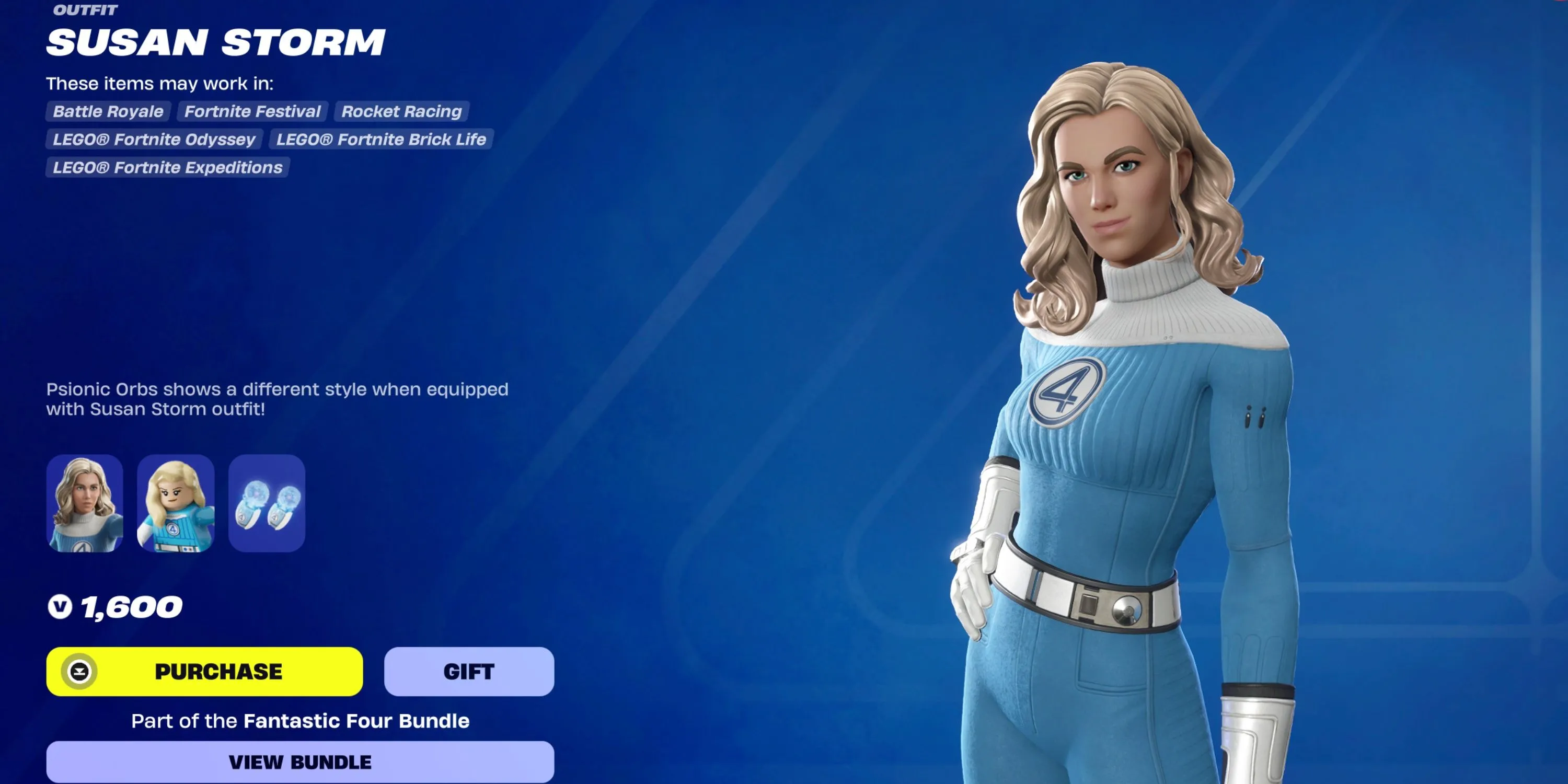 Skin Invisible Woman Susan Storm Fortnite với cây cuốc Psionic Orbs đặc trưng
