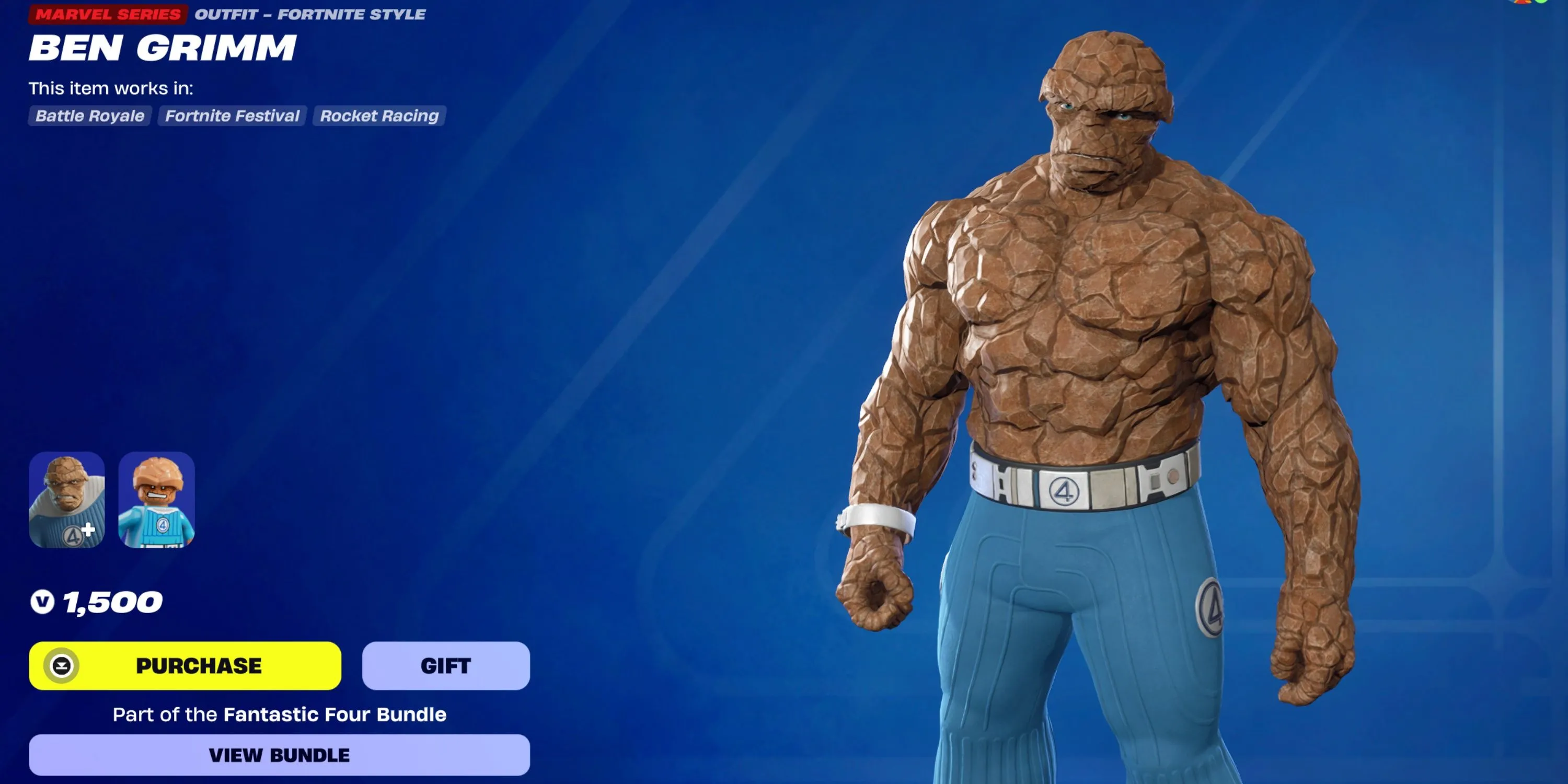 Skin The Thing Ben Grimm trong Fortnite với thân hình đá đặc trưng