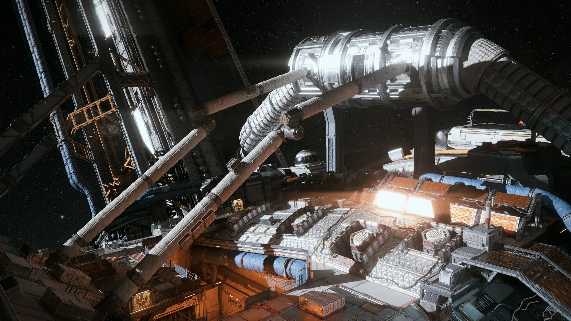Tàu không gian bay qua trạm vũ trụ khổng lồ trong The Expanse Osiris Reborn, minh họa chi tiết đồ họa và bối cảnh vũ trụ.