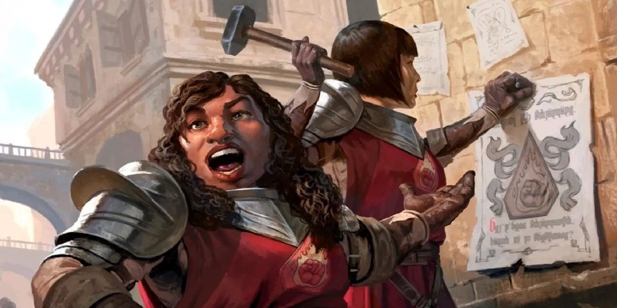 Thành viên Flaming Fist dán áp phích tuyển mộ, thể hiện lực lượng bảo vệ pháp luật trong Dungeons &amp; Dragons