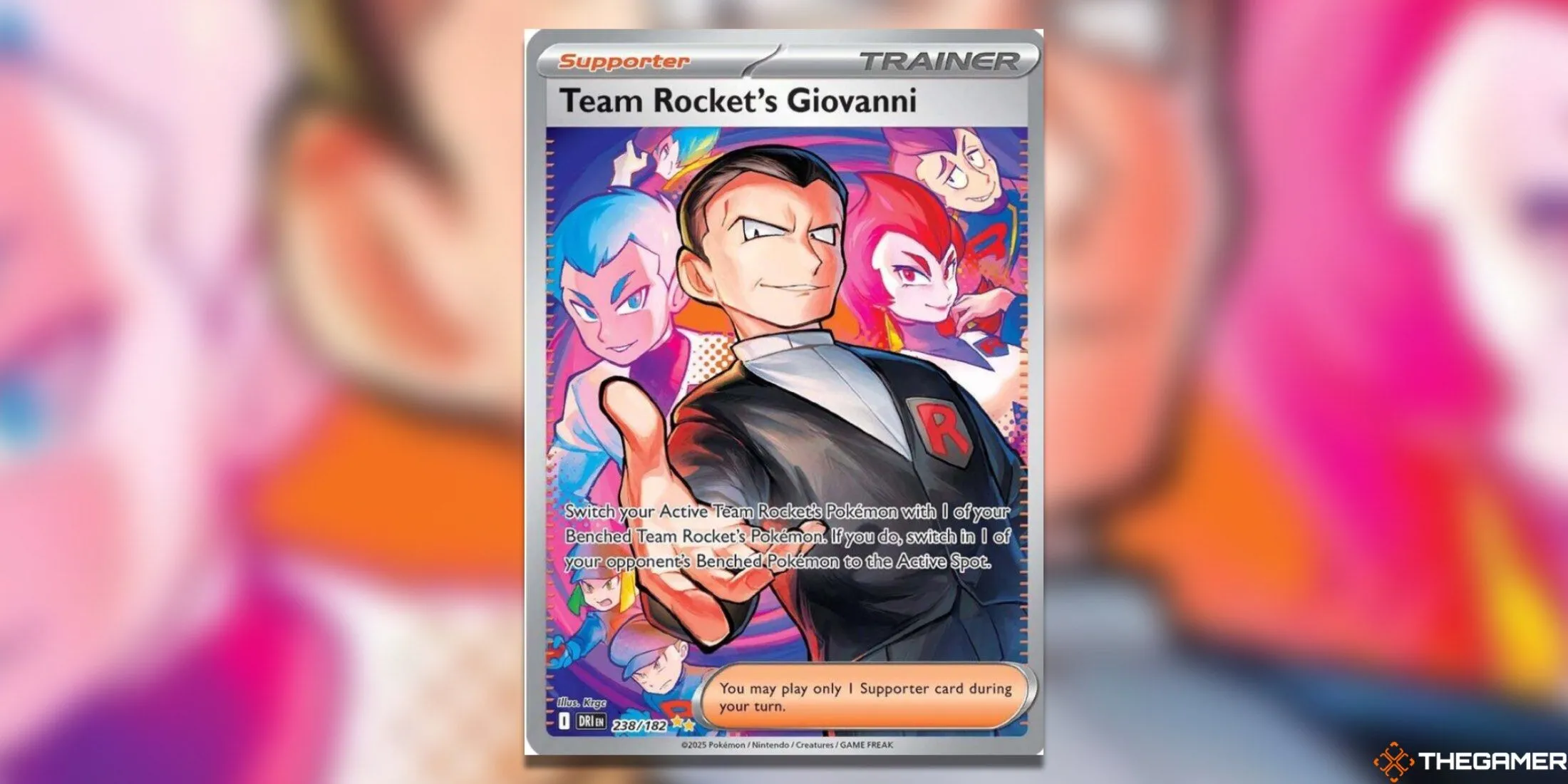 Thẻ bài Giovanni của Team Rocket Special Illustration Rare trong Pokémon TCG Destined Rivals với các thành viên Archer và Ariana.