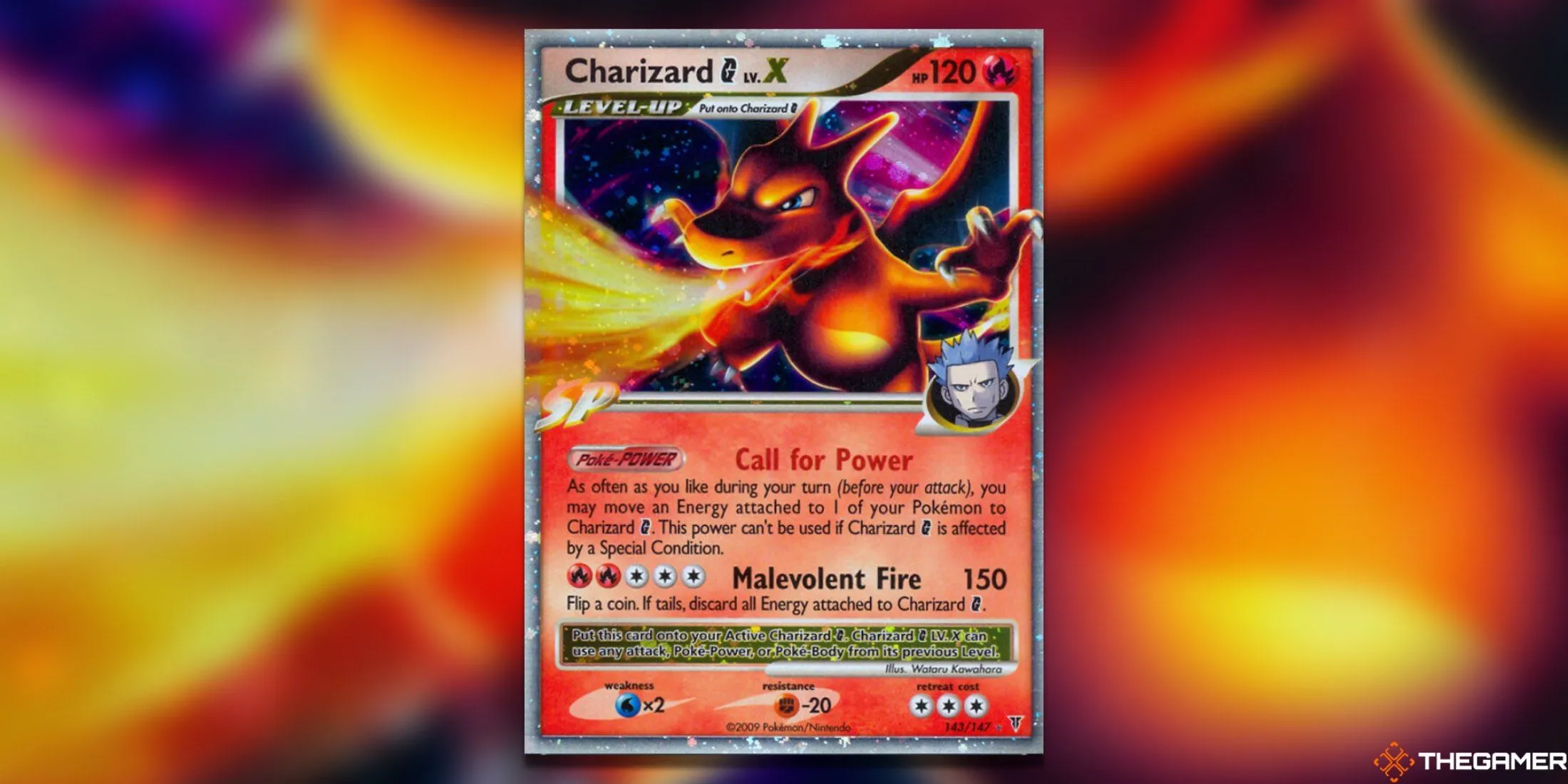 Thẻ bài Pokemon TCG Charizard G LV. X cùng với Cyrus, thủ lĩnh Team Galactic, trên nền lửa cháy