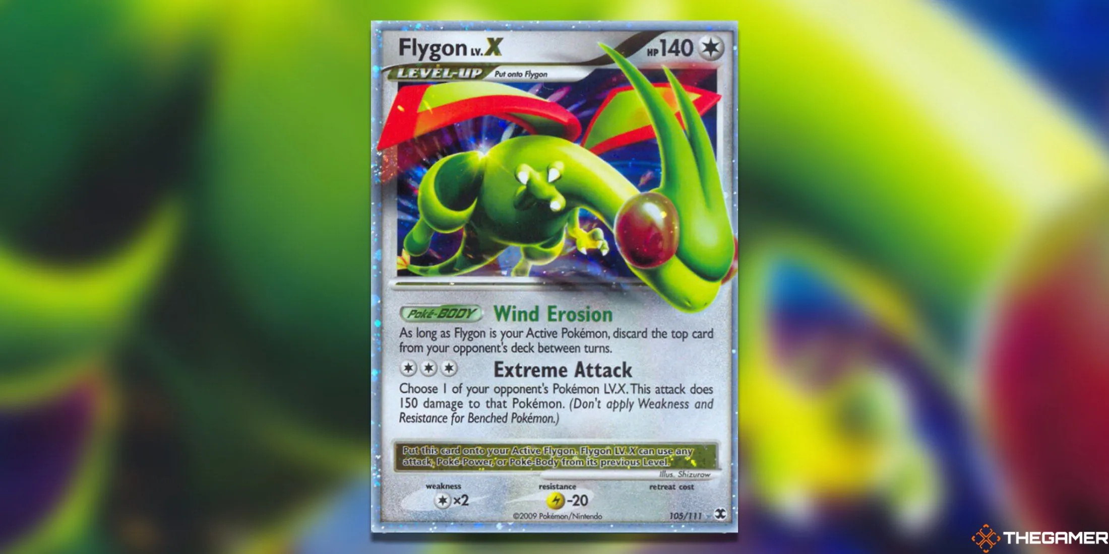 Thẻ bài Pokemon TCG Flygon LV. X với đôi cánh rực rỡ và hiệu ứng bay lượn, từ bộ Rising Rivals