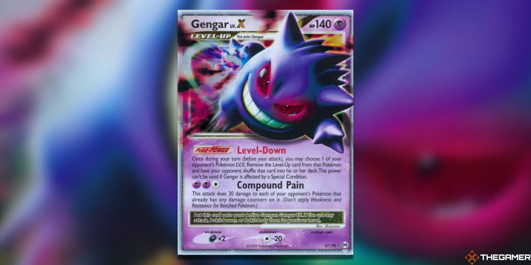 Thẻ bài Pokemon TCG Gengar LV. X với ánh mắt ma quái và vệt sáng bí ẩn, từ bộ Arceus