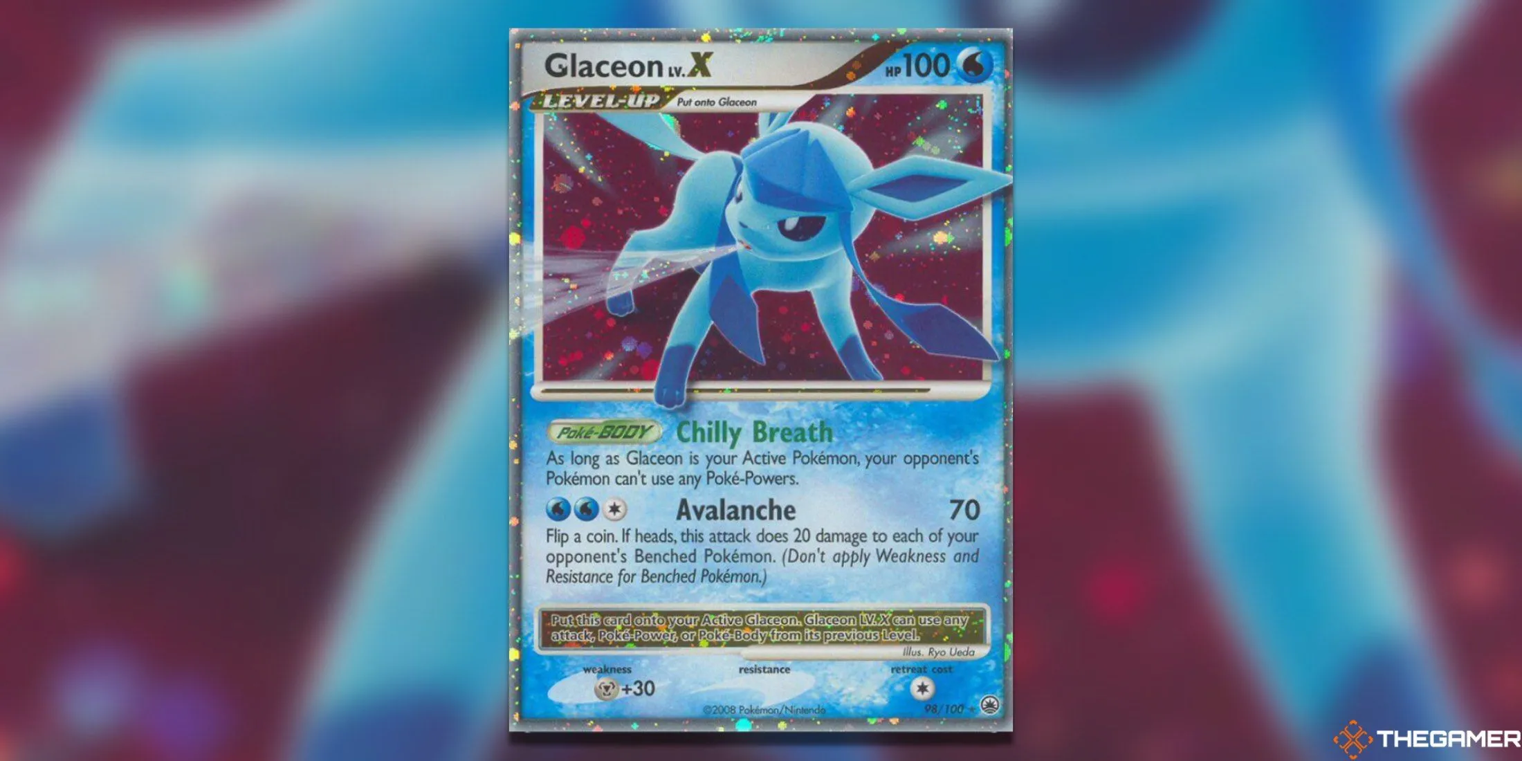 Thẻ bài Pokemon TCG Glaceon LV. X với hình ảnh băng giá và nền đỏ tương tự Leafeon, từ bộ Majestic Dawn