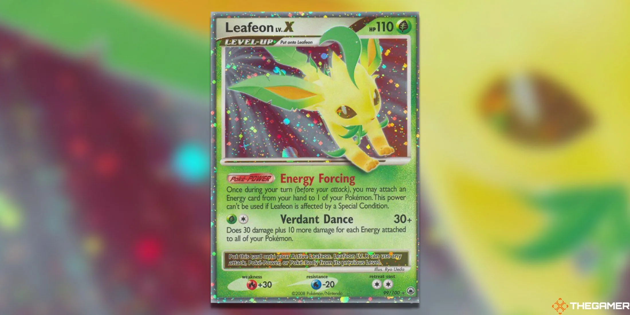 Thẻ bài Pokemon TCG Leafeon LV. X với tông màu xanh lá và đỏ bạc hài hòa, từ bộ Majestic Dawn