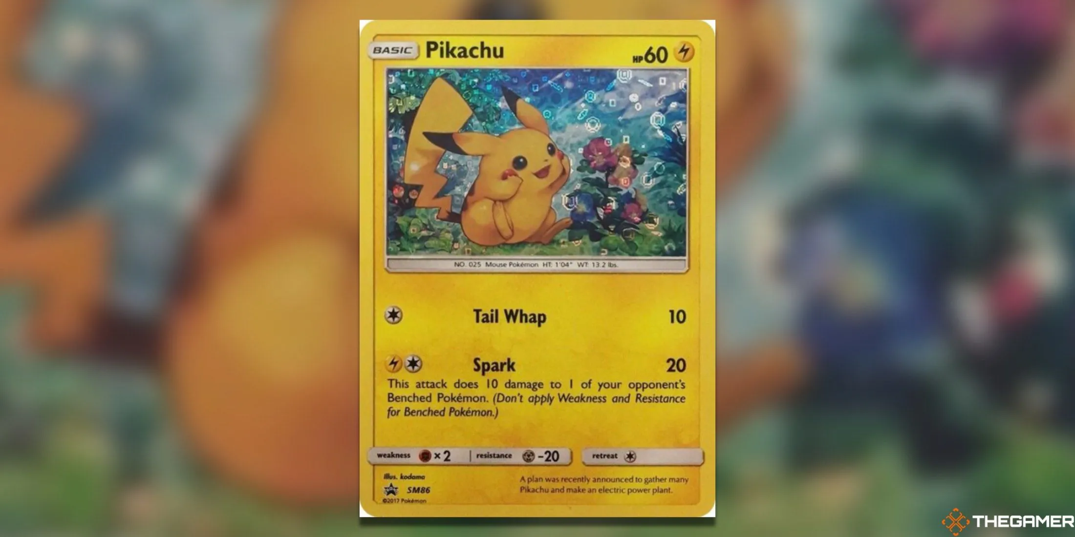 Thẻ bài Pokemon TCG Pikachu SM86 General Mills với biểu cảm tò mò bên hoa