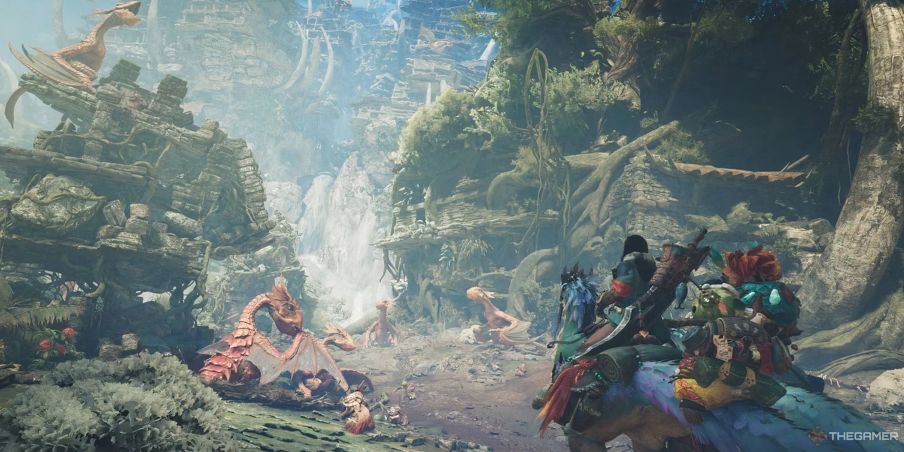 Thợ săn đang khám phá khu rừng rộng lớn trong Monster Hunter Wilds, minh họa môi trường game rộng mở và tính chất phiêu lưu săn quái của series