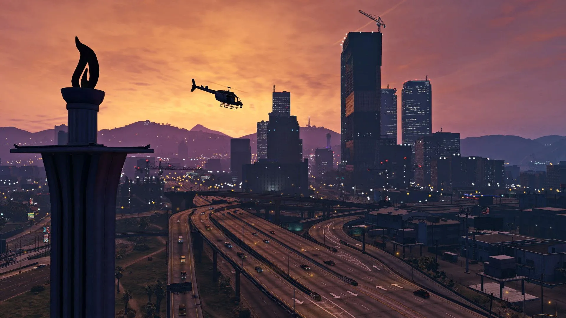 Trực thăng bay lượn trên bầu trời Los Santos lúc hoàng hôn trong GTA 5