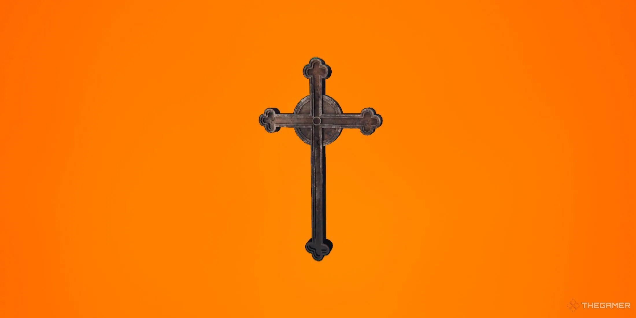 Vật phẩm Crucifix trong Phasmophobia, nổi bật trên nền cam chuyển sắc, một công cụ quan trọng để chống lại hồn ma.