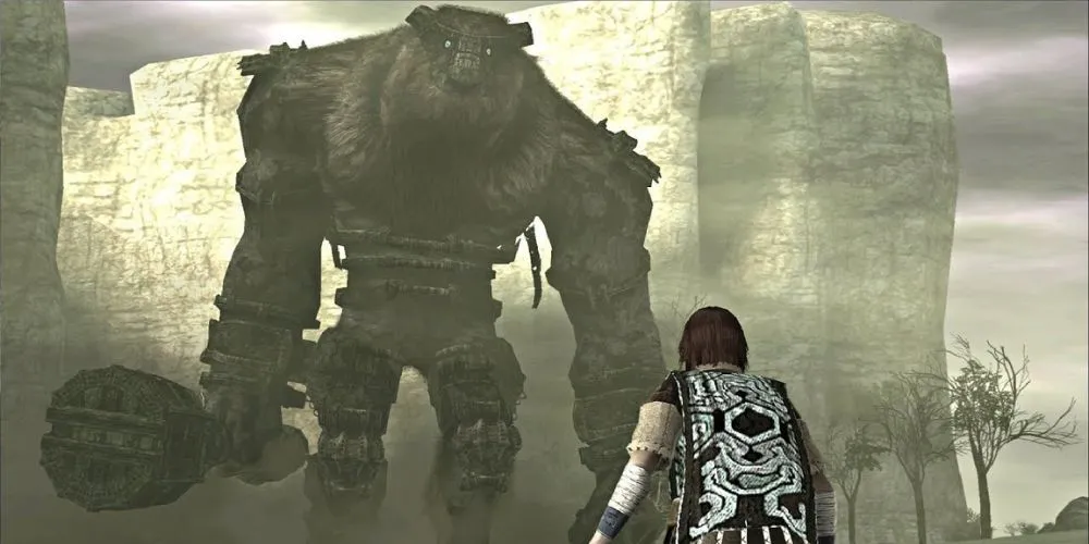Wander đối mặt với một Colossus khổng lồ trong Shadow of the Colossus.