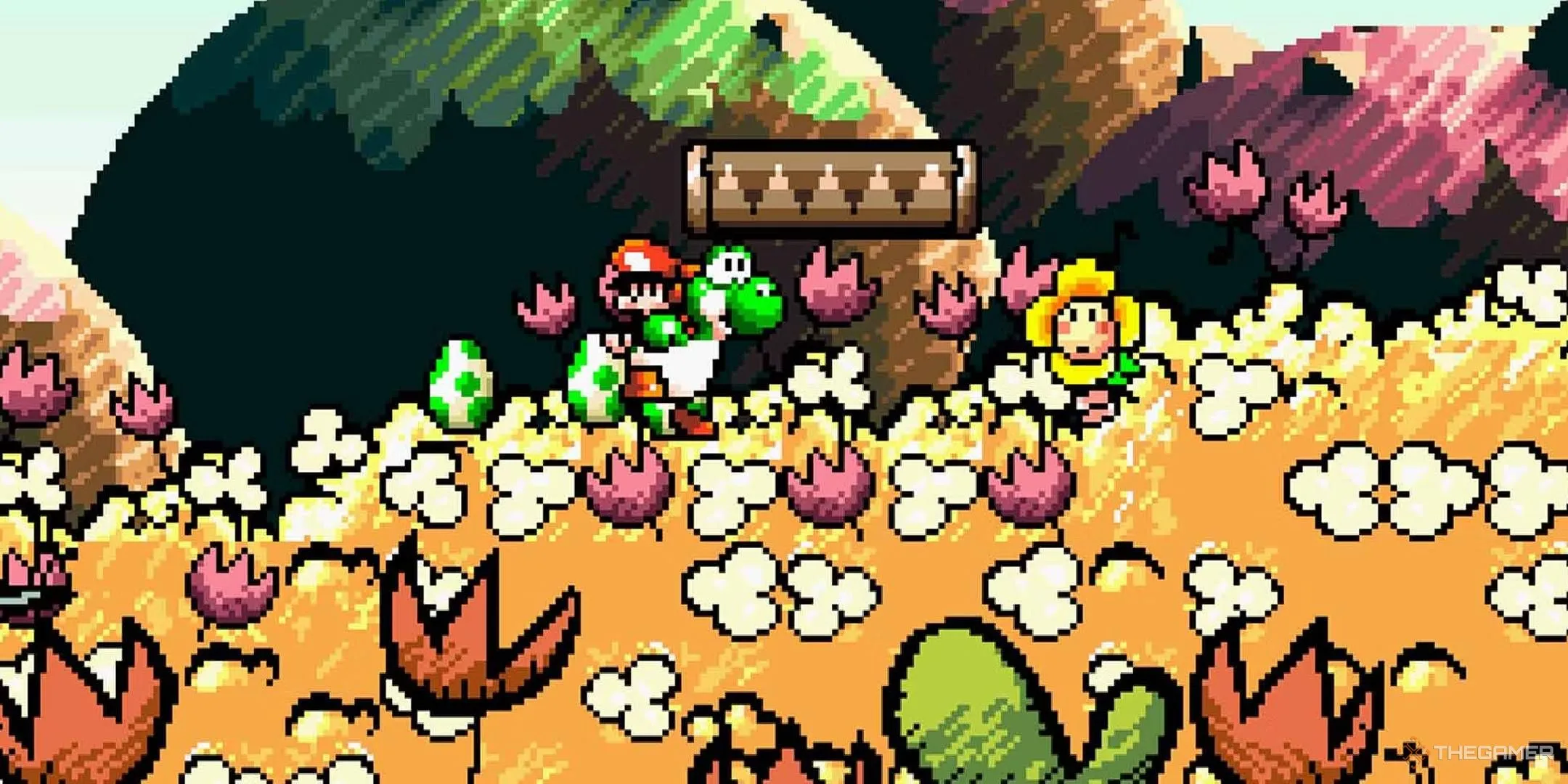Yoshi cõng Baby Mario băng qua cánh đồng vàng trong Super Mario World 2: Yoshi's Island