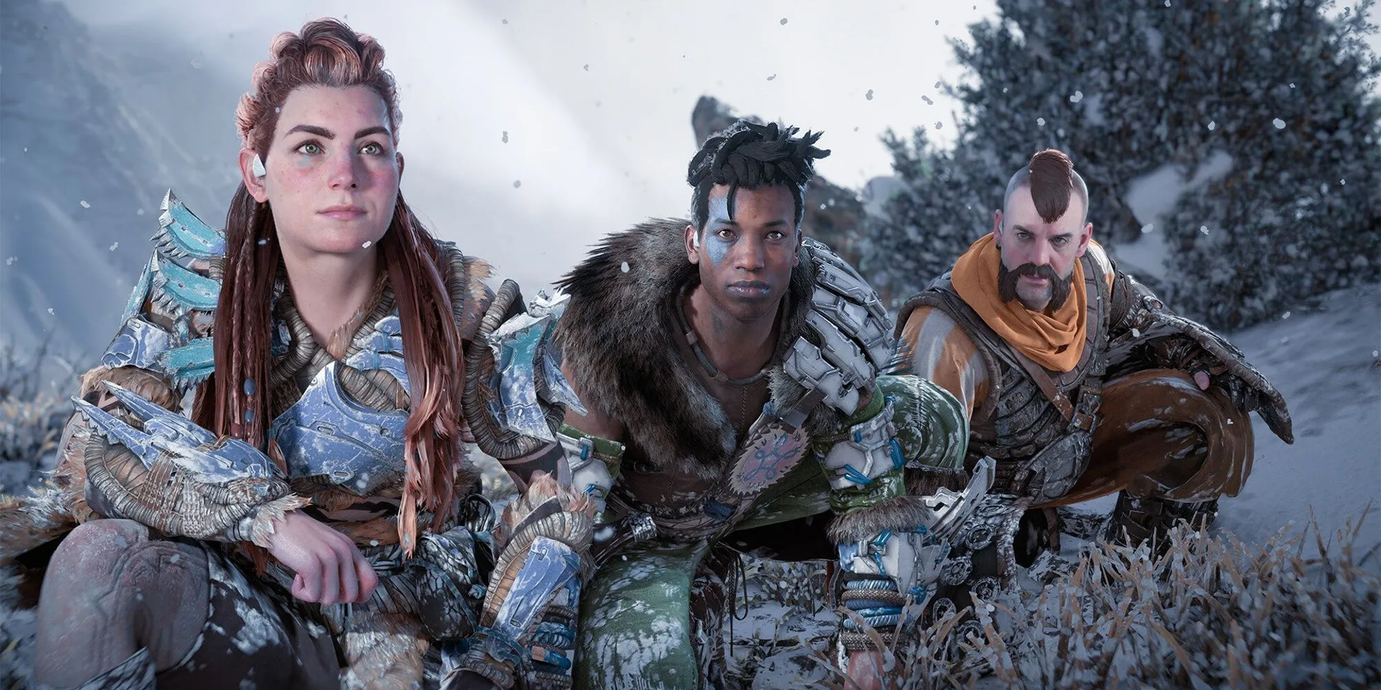 Aloy, Varl và Erend quỳ gối trên tuyết trong Horizon Forbidden West, thể hiện tinh thần đoàn kết và sự cần thiết của đồng đội