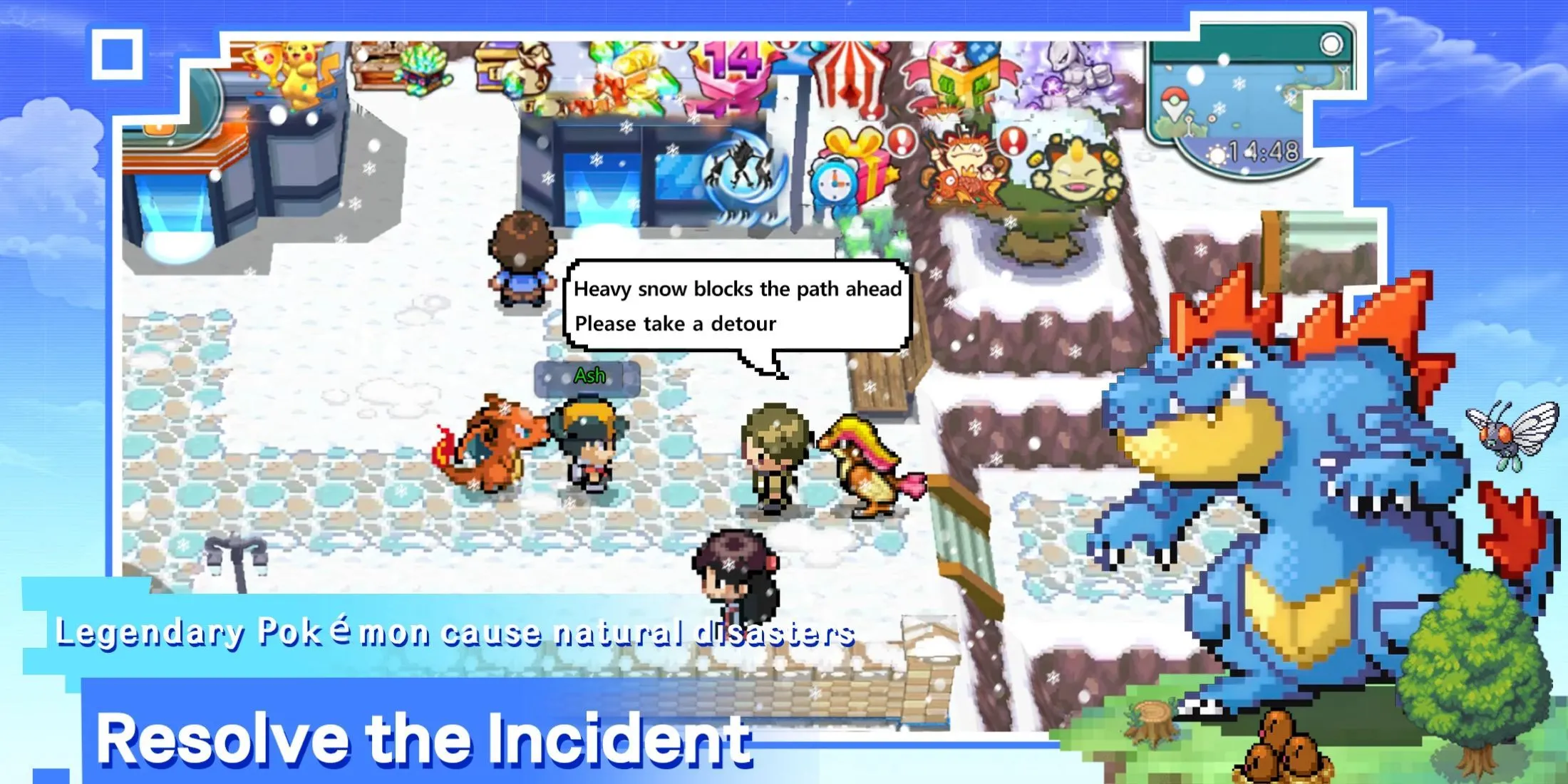 Các nhà huấn luyện và Pokémon huyền thoại cùng nhau chinh phục thế giới Pocket Pixel