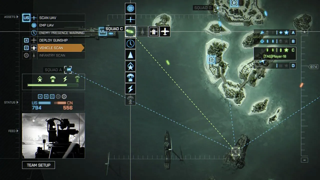 Chỉ huy đang quan sát bản đồ Paracel Storm từ chế độ Commander trong Battlefield 4