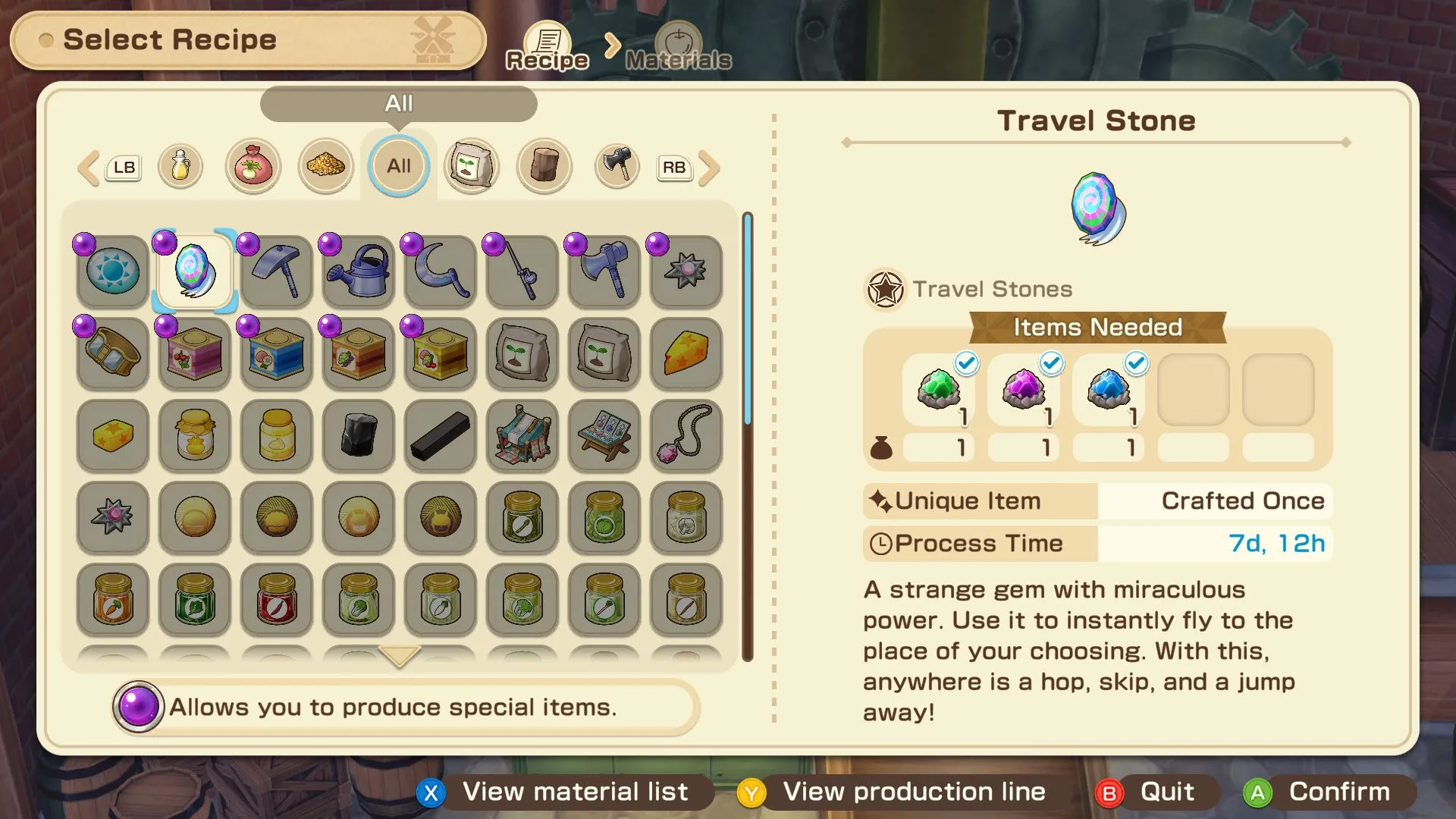 Công thức chế tạo đá dịch chuyển Travel Stone tại Cối xay gió Vàng trong Story of Seasons Grand Bazaar