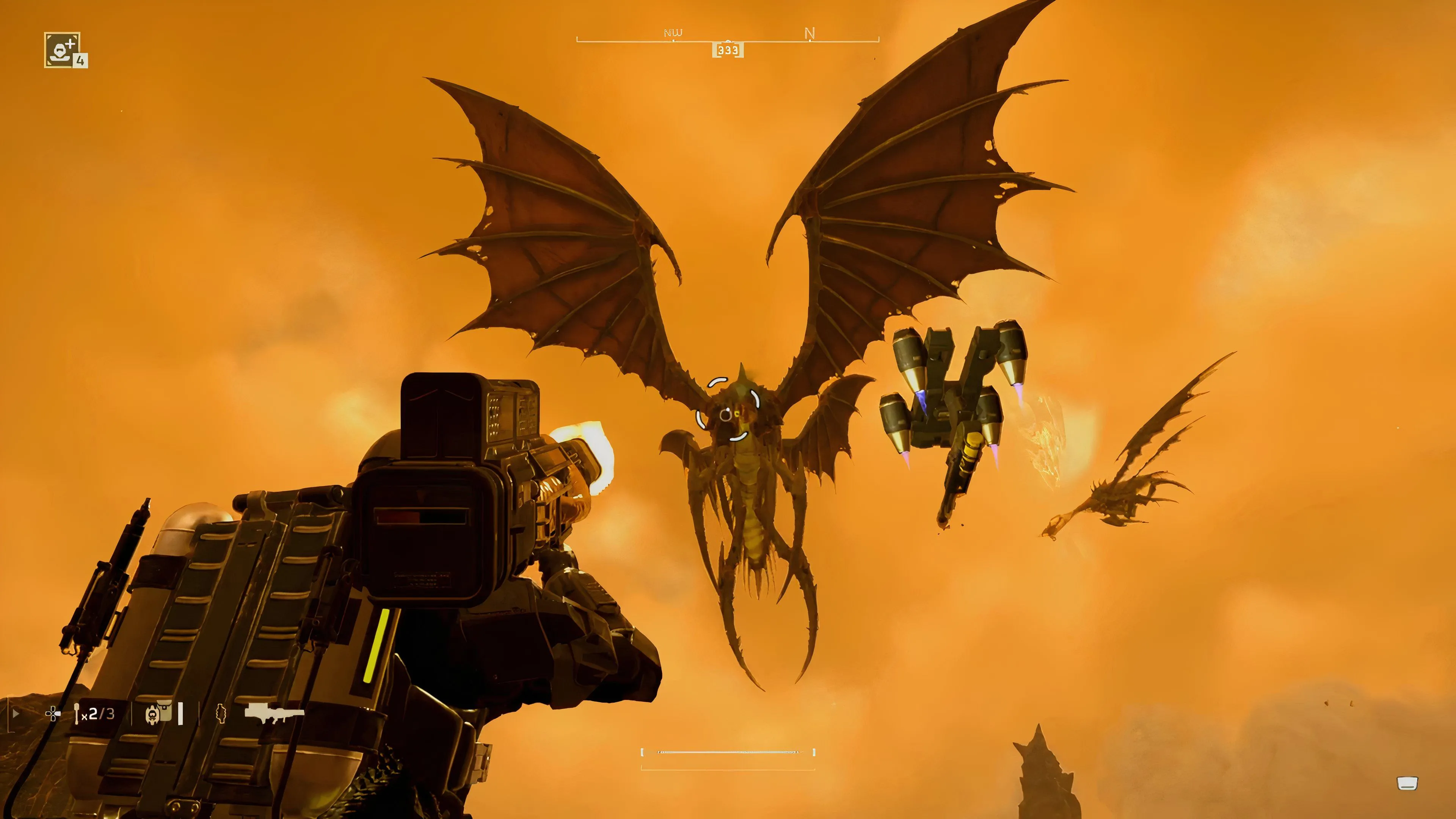 Game thủ Helldivers 2 dùng Quasar Cannon nhắm bắn đầu Dragonroach Terminid