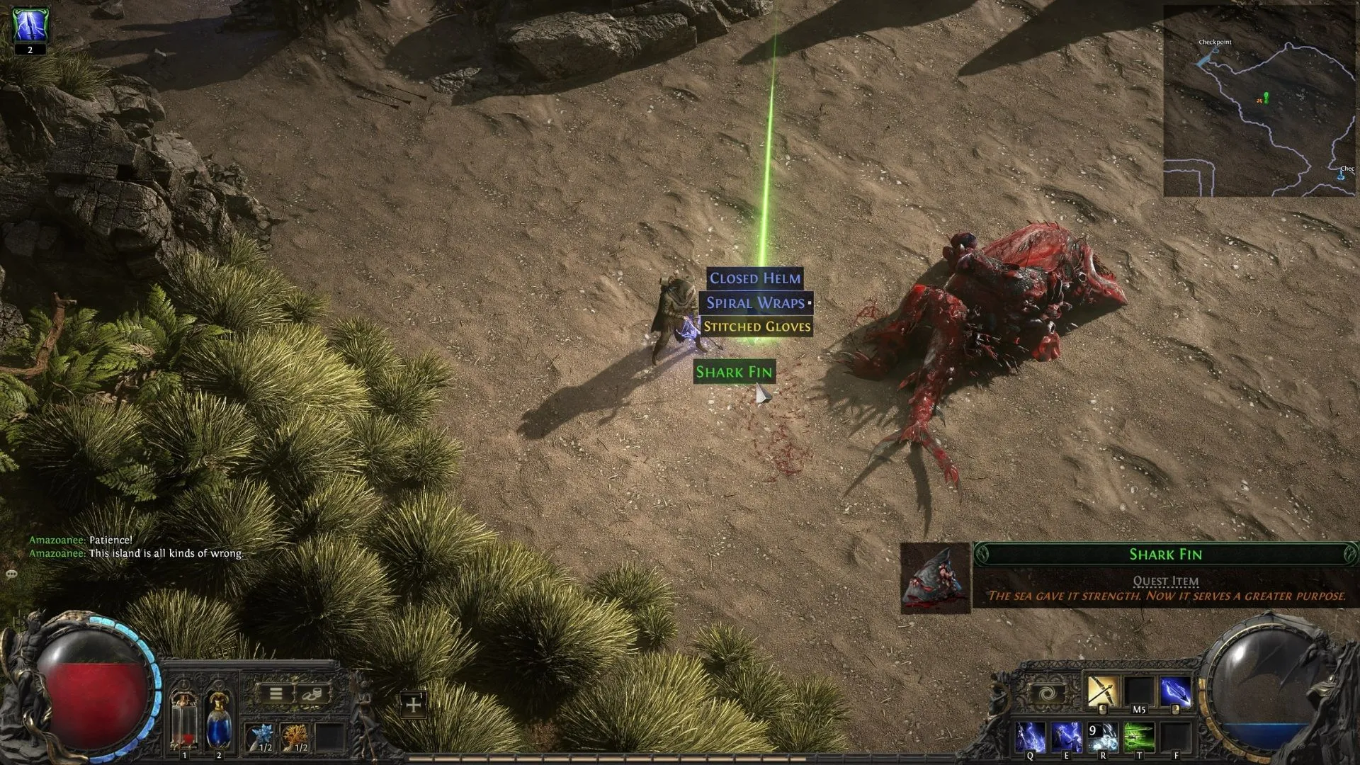 Game thủ nhặt vật phẩm Shark Fin sau khi đánh bại boss cá mập Great White One trong Path of Exile 2