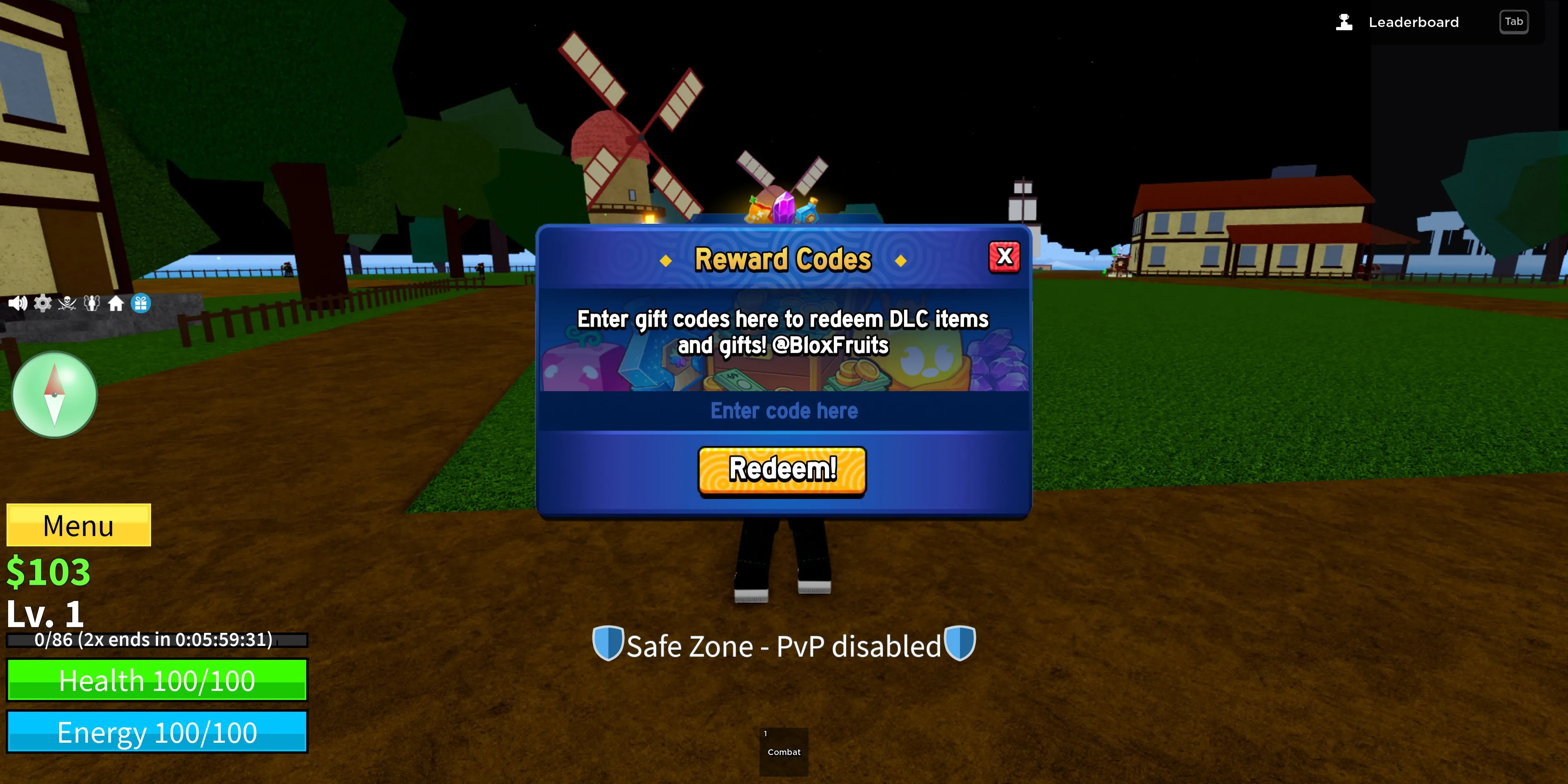 Giao diện người chơi nhập code Blox Fruits vào ô đổi thưởng trong game Roblox
