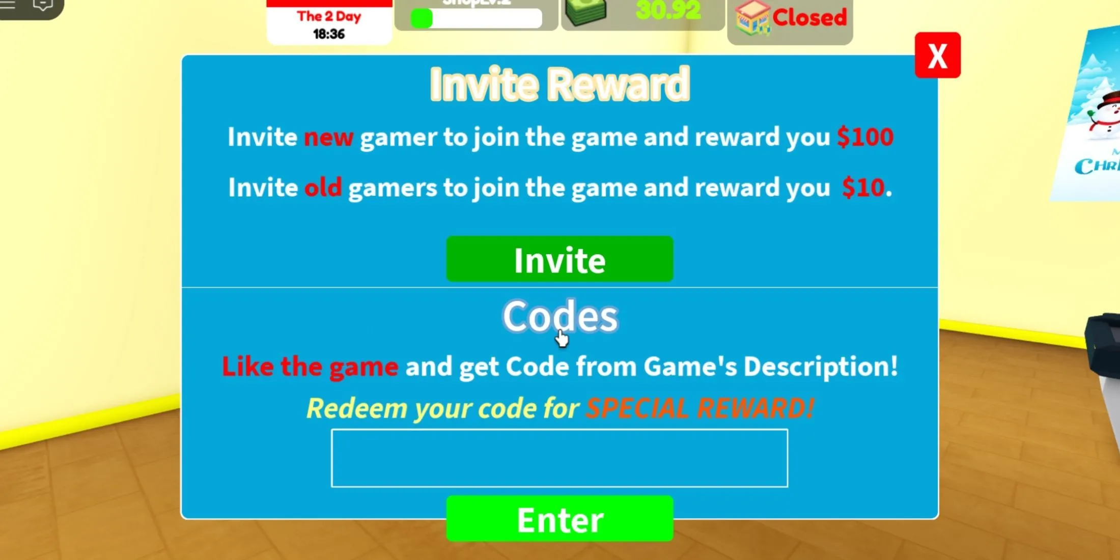 Giao diện nhập mã code Supermarket Simulator với nút Enter