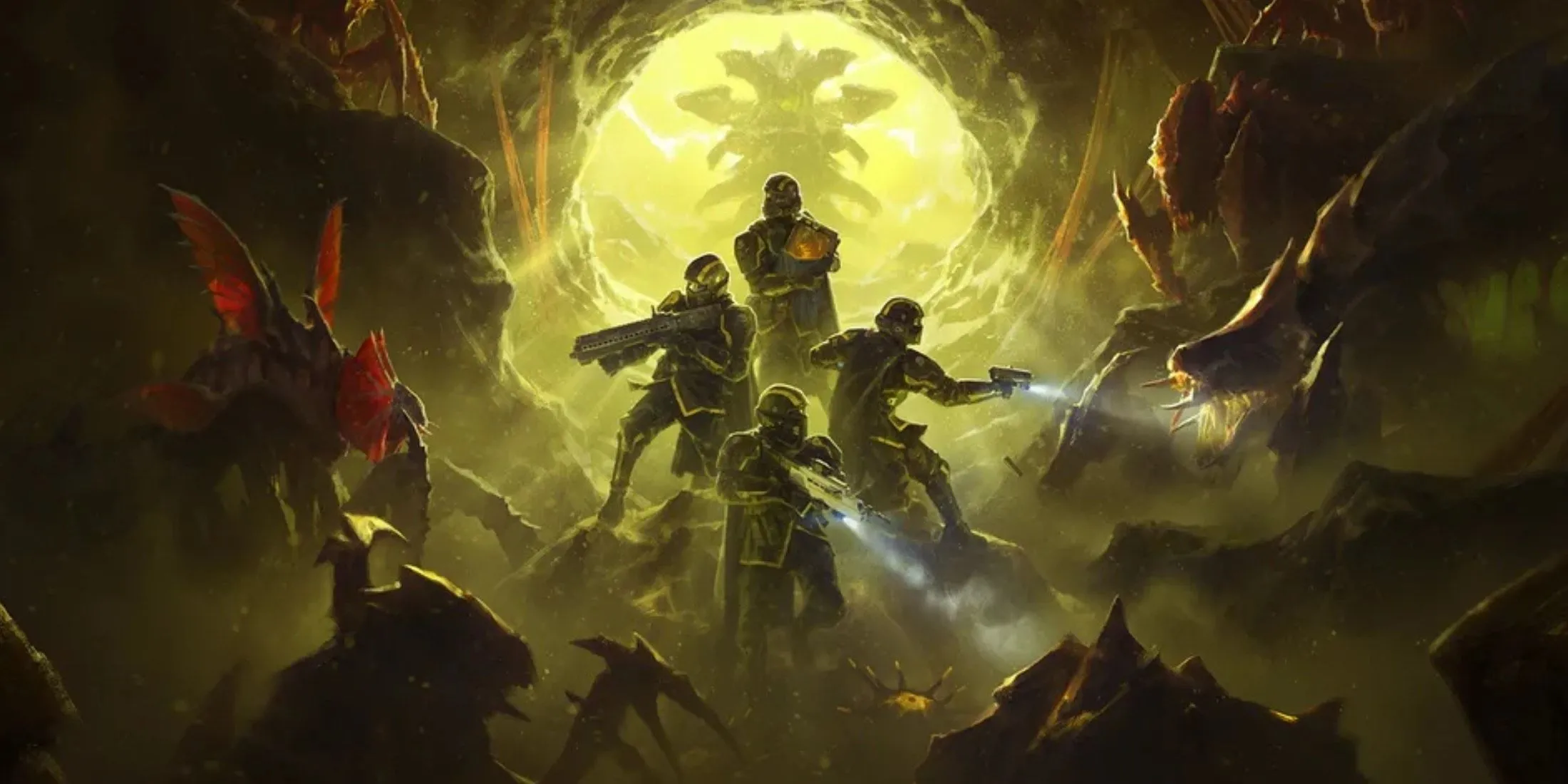 Hình ảnh quảng bá chính thức của bản cập nhật Helldivers 2 Into the Unjust với các Helldiver sẵn sàng chiến đấu.