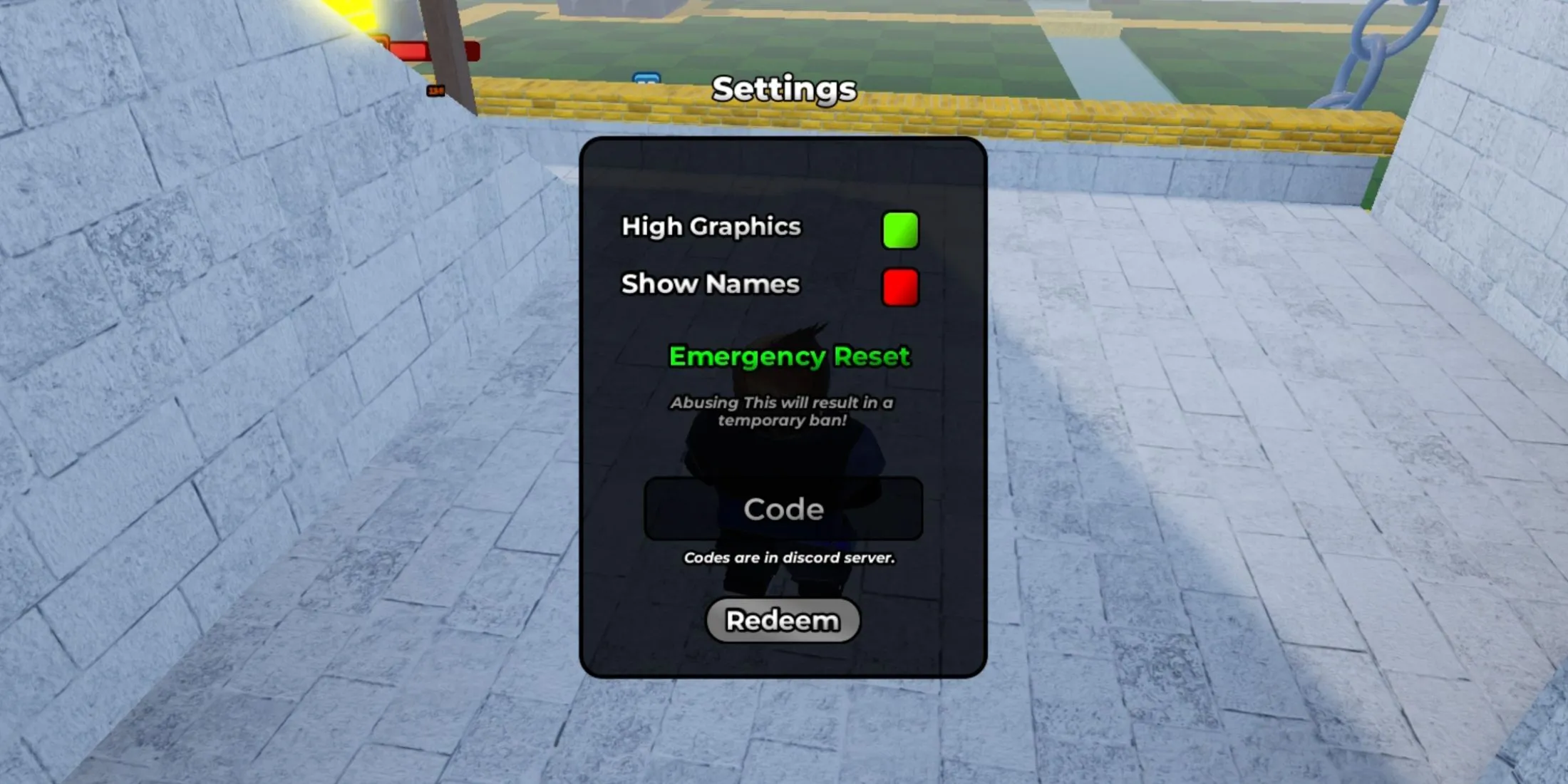 Màn hình cài đặt Arena Royale với ô nhập code và nút Redeem dễ nhận biết