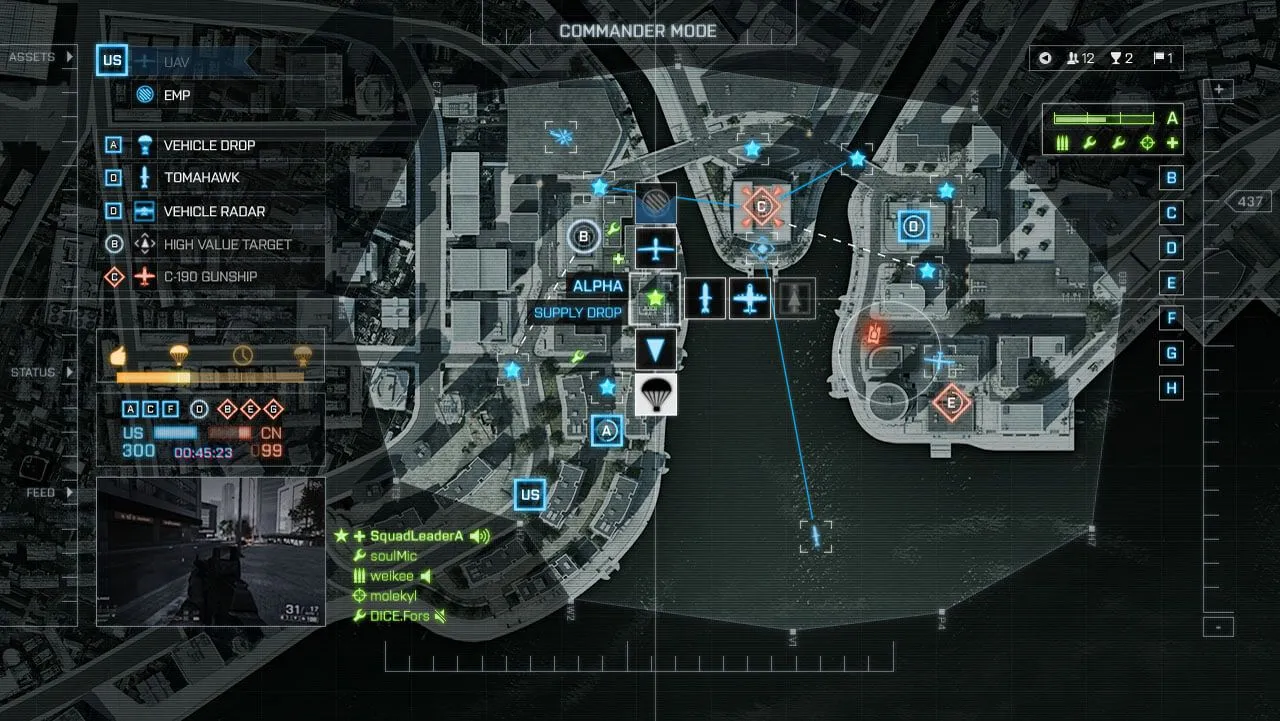 Màn hình giao diện chỉ huy trong Battlefield 4, hiển thị các tùy chọn hỗ trợ chiến trường