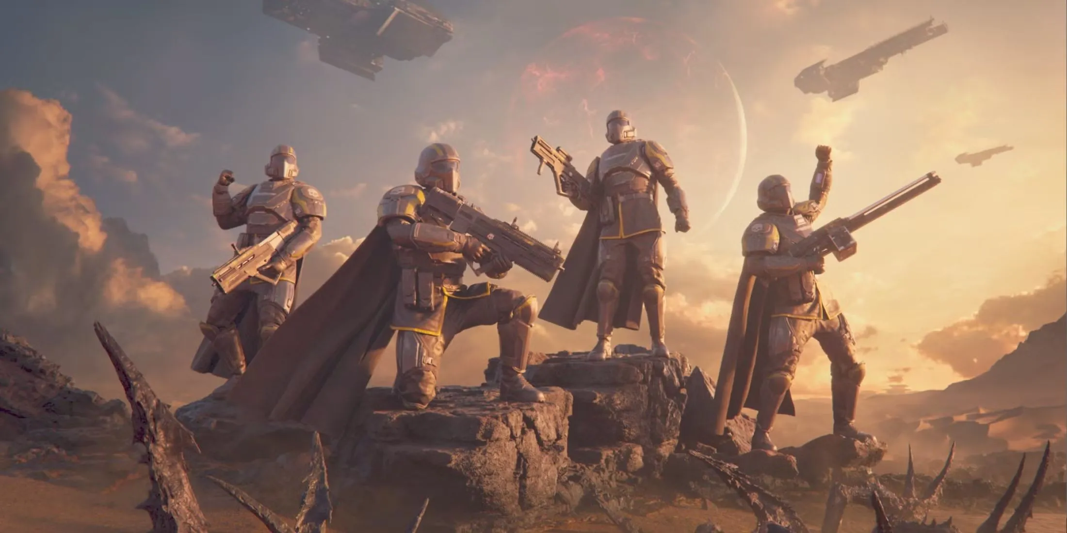 Nhóm Helldivers 2 tạo dáng chiến thắng sau một nhiệm vụ thành công, mừng sự tăng vọt người chơi sau khi ra mắt Xbox.