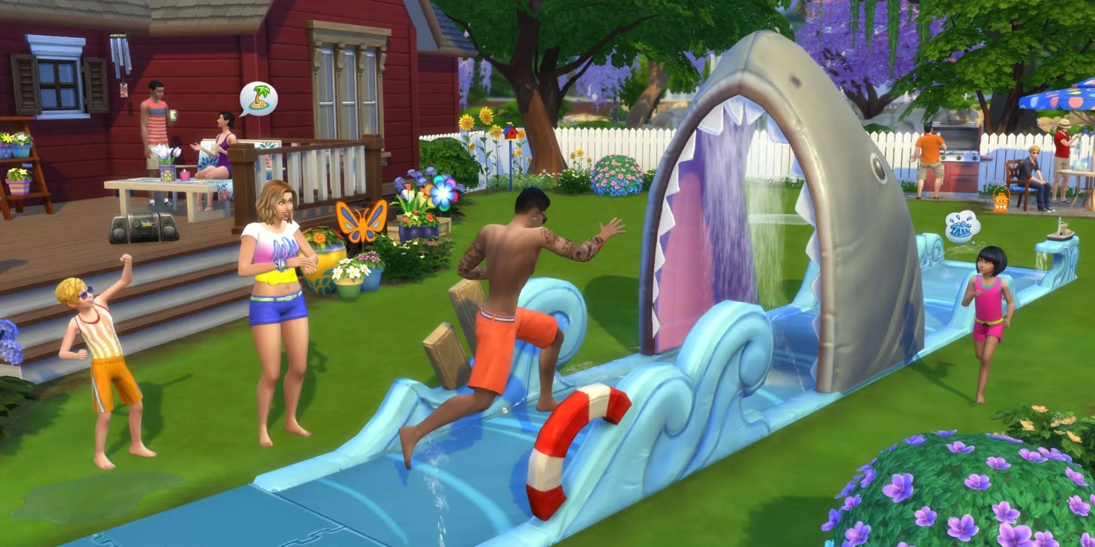 Sims đang thư giãn ngoài trời với các hoạt động giải trí như ngồi xích đu và tắm nắng