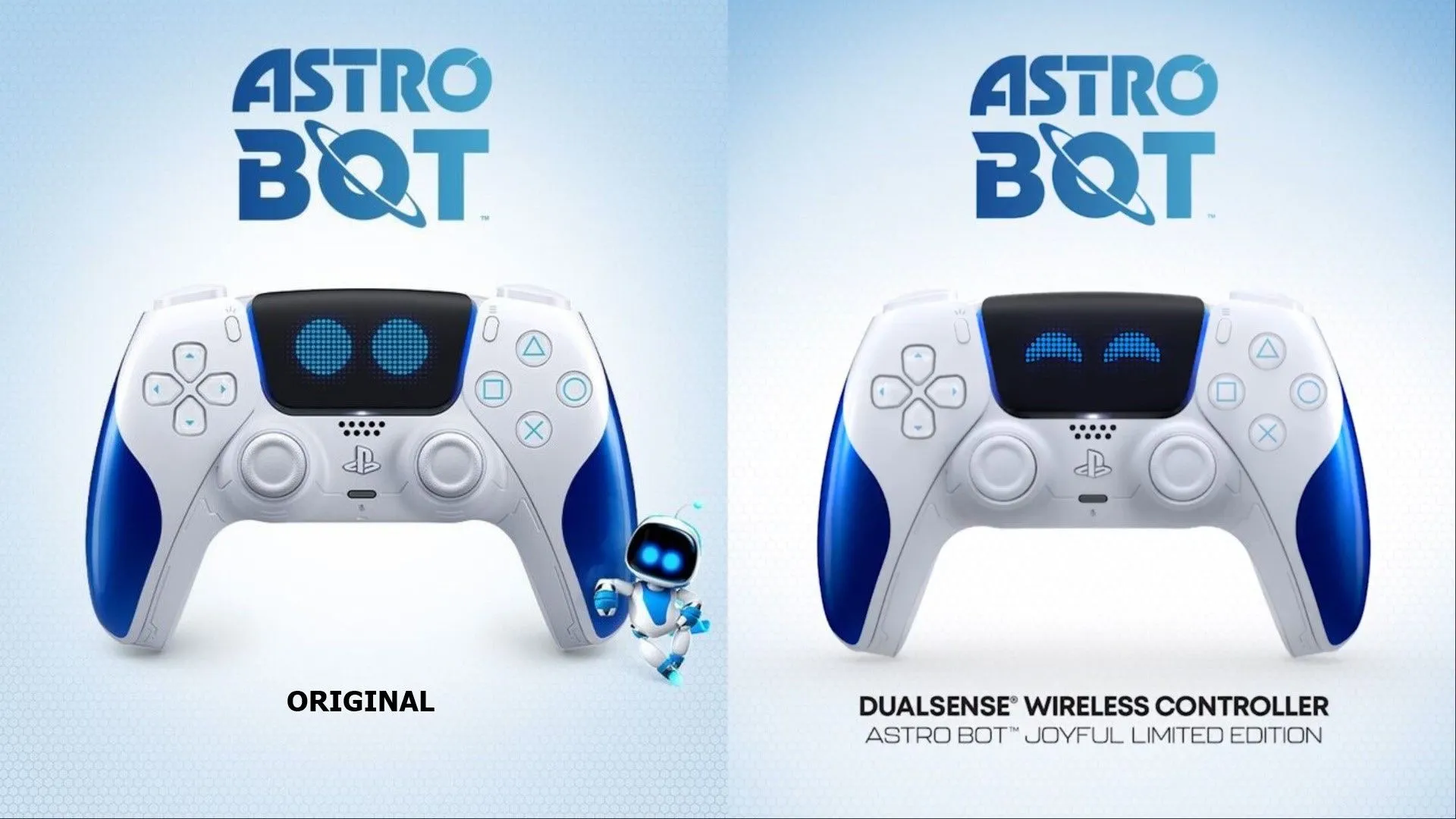So sánh tay cầm DualSense Astro Bot phiên bản Joyful (mắt cười) và phiên bản gốc (mắt nghỉ)
